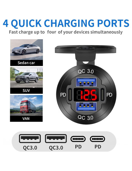 Cargador USB de 12V TIANWIDJEW 4 Puertos Carga Rápida