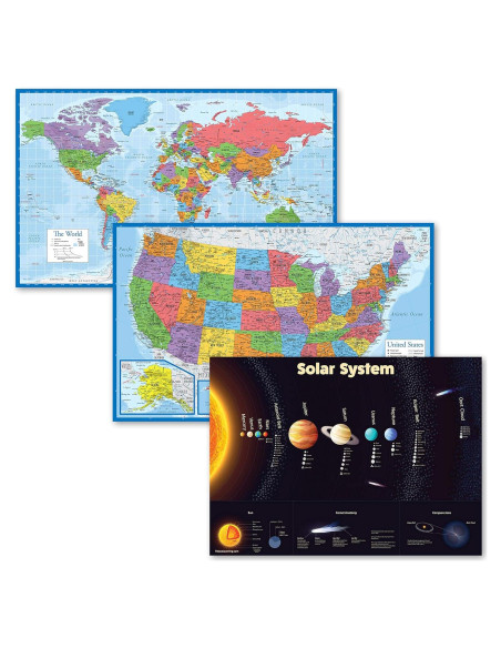Conjunto de 3 Pósters Laminados Mapas y Sistema Solar Palace Learning