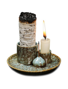 Soporte de Incienso y Vela Cerámico YIENENG 4 en 1 Azul