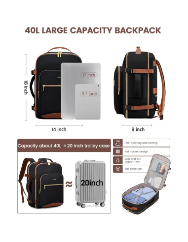 Mochila de Viaje LOVEVOOK 40L Unisex Aprobada por Aerolíneas