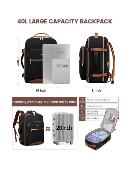 Mochila de Viaje LOVEVOOK 40L Unisex Aprobada por Aerolíneas