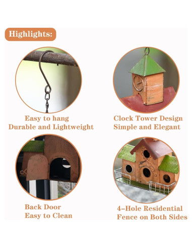 Casa para Aves de Metal MOCOME con Torre del Reloj 4 Huecos