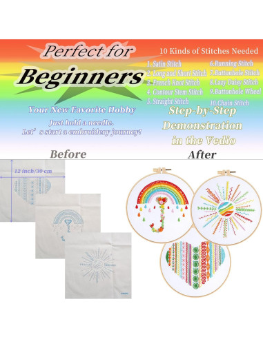 Kit de Bordado Colorido Arcoíris FONNUY 3 Sets para Principiantes