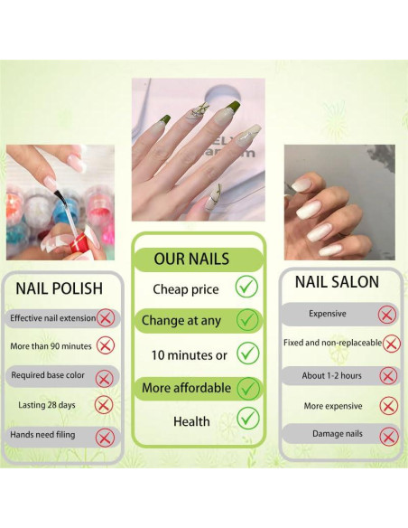 Uñas Postizas Cuadradas HUIYUNTIAN Bambú Verde 40 Piezas