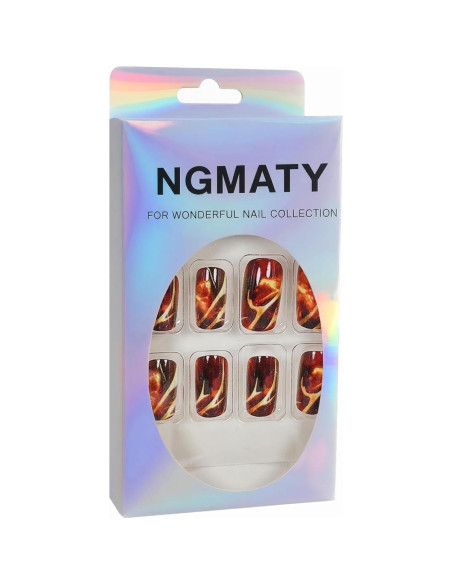Uñas Postizas Cortas NGMATY Rayas Rojas Oscuras 24 Piezas