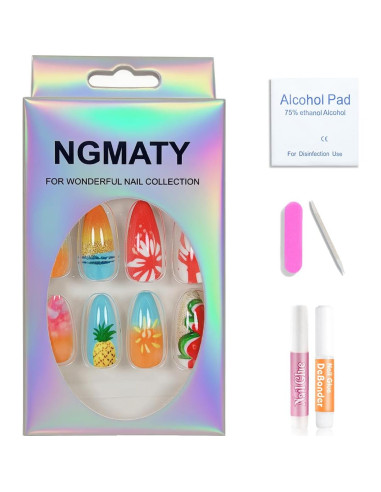 Uñas Postizas de Verano NGMATY 24Pcs Diseño Piña y Flores