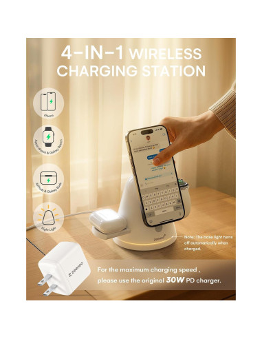 Estación de Carga Inalámbrica 4 en 1 ZeeHoo con Luz LED
