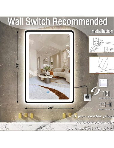 Espejo LED Inteligente MEIOUKA 90x60 cm Negro Regulable