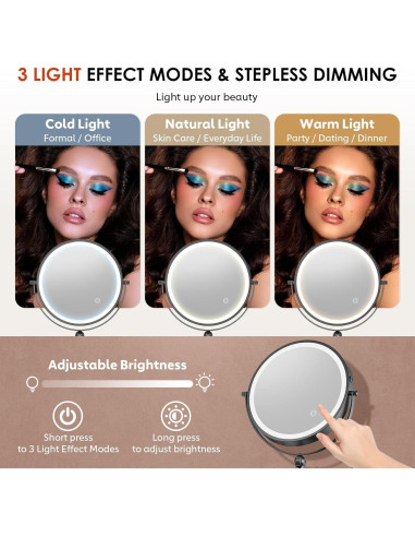 Espejo de Maquillaje Iluminado ZLOKLA 22.86 cm Doble Cara 1X/20X