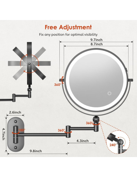 Espejo de Maquillaje Iluminado ZLOKLA 22.86 cm Doble Cara 1X/20X