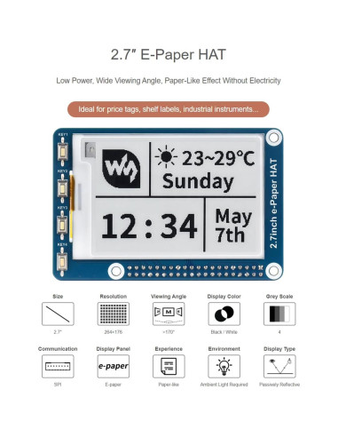 Pantalla E-Ink HAT 2.7" Waveshare 264x176 SPI Negro Blanco