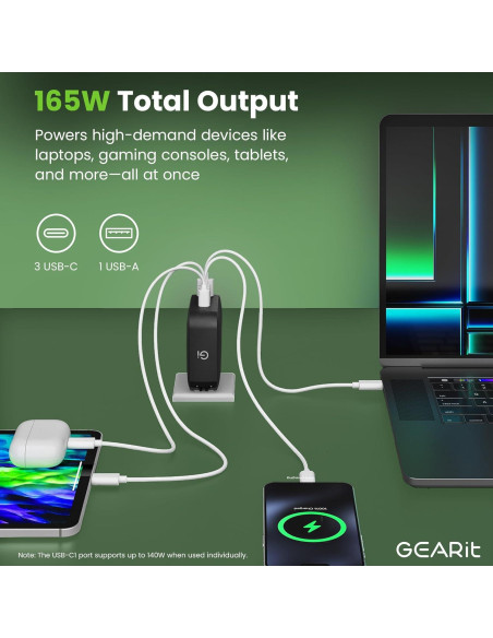 Cargador Rápido GEARit 165W USB-C 4 Puertos GaN PD 3.1