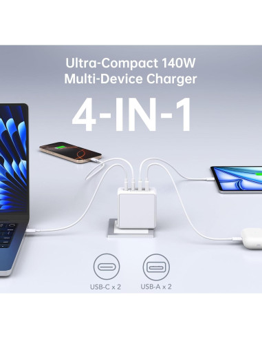 Cargador de Pared USB C BREEKET 140W 4 Puertos Rápido Blanco