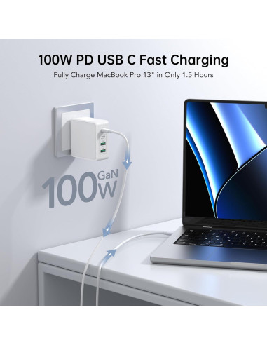 Cargador de Pared USB C BREEKET 140W 4 Puertos Rápido Blanco