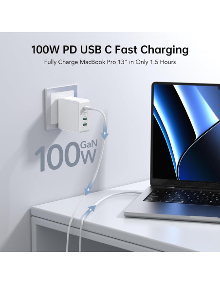 Cargador de Pared USB C BREEKET 140W 4 Puertos Rápido Blanco