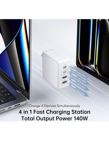 Cargador de Pared USB C BREEKET 140W 4 Puertos Rápido Blanco