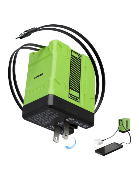 Cargador 2 en 1 GaN W&O 120W con Cables Retráctiles Verde