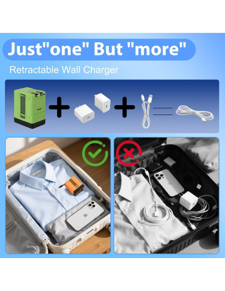 Cargador 2 en 1 GaN W&O 120W con Cables Retráctiles Verde