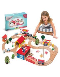 Juego de tren de madera KipiPol - 69 piezas para niños 3 a 12 años