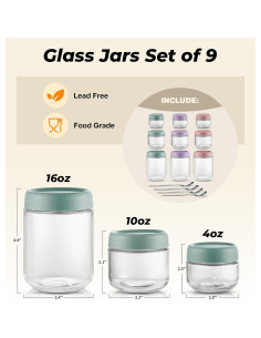 Juego de 9 Tarros de Vidrio Mason para Avena Nocturna 16oz 10oz 4oz 2