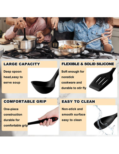 Set de Utensilios de Cocina E-far 10 Piezas Silicona Negra