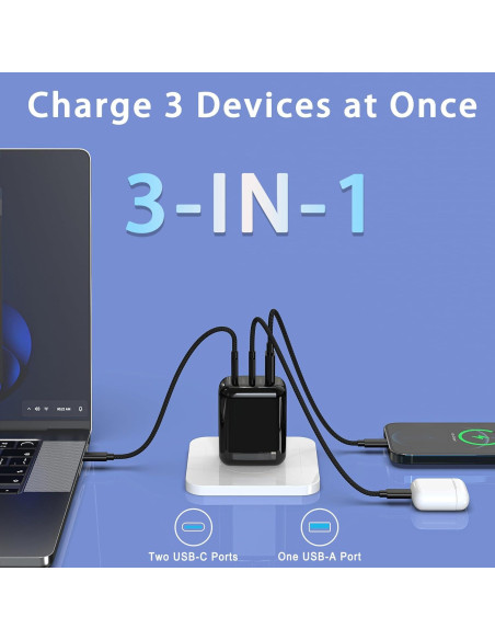 Cargador de pared USB C 67W QIOUZW, 3 puertos, GaN, Negro