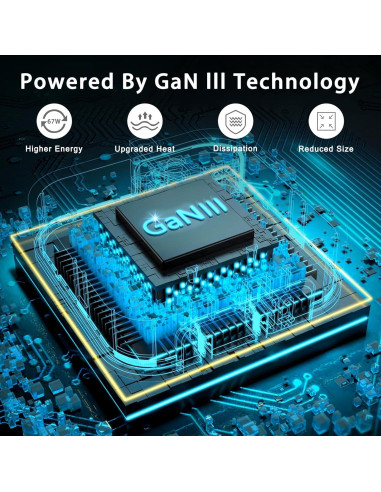 Cargador de pared USB C 67W QIOUZW, 3 puertos, GaN, Negro