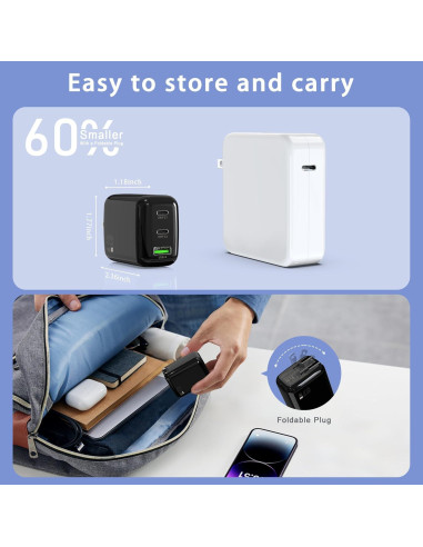 Cargador de pared USB C 67W QIOUZW, 3 puertos, GaN, Negro