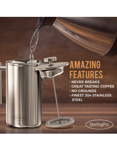Prensa Francesa de Café 1L SterlingPro Acero Inoxidable Doble Filtro 2