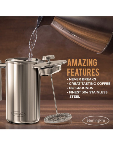 Prensa Francesa de Café 1L SterlingPro Acero Inoxidable Doble Filtro