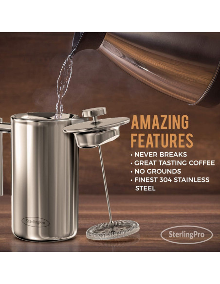 Prensa Francesa de Café 1L SterlingPro Acero Inoxidable Doble Filtro