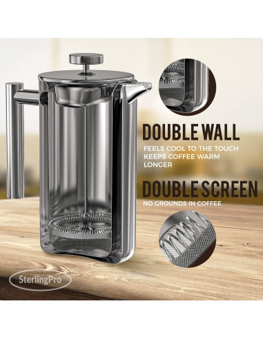 Prensa Francesa de Café 1L SterlingPro Acero Inoxidable Doble Filtro