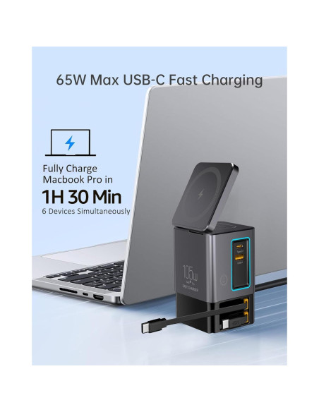 Cargador Retráctil 105W GaN 6-en-1 con Base Magnética - iPhone, MacBook