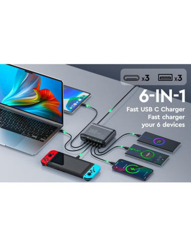 Cargador GaN 140W LDNIO Estación de Carga 6 Puertos USB-C/A