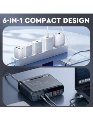 Cargador GaN 140W LDNIO Estación de Carga 6 Puertos USB-C/A