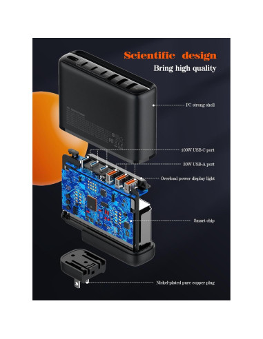 Cargador GaN 140W LDNIO Estación de Carga 6 Puertos USB-C/A