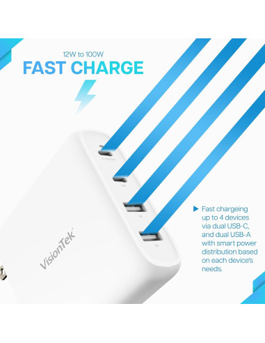 Cargador Rápido de Pared VisionTek GaN II 100W 4 Puertos