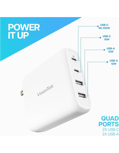 Cargador Rápido de Pared VisionTek GaN II 100W 4 Puertos
