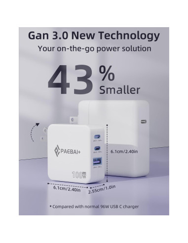 Cargador USB C 100W PAEBAI+ 3 Puertos Rápido Plegable