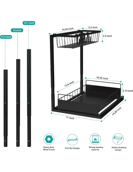Organizador Bajo Fregadero Bukfen Ajustable 2 Niveles Negro