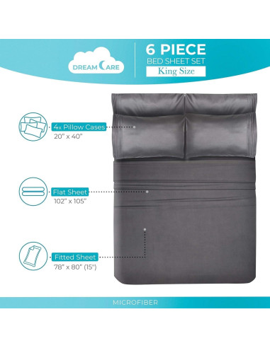 Juego de Sábanas King Size DREAMCARE 6 Piezas Microfibra Gris