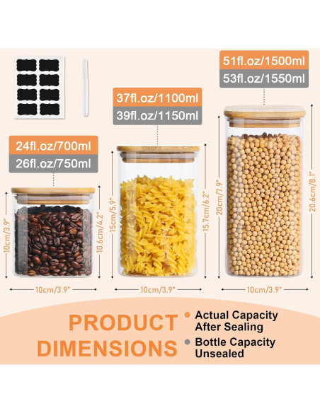 Tarros de Almacenamiento de Vidrio Dearwell 6 Piezas 24/37/50oz
