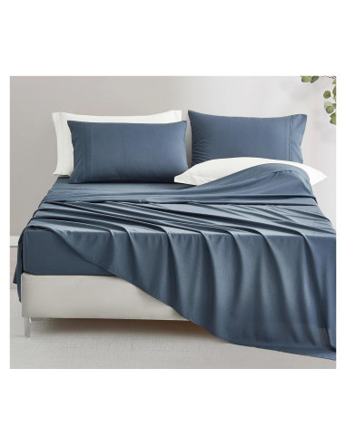 Juego de Sábanas 4 Piezas Chezmoi Queen Rayón Bambú Azul Acero