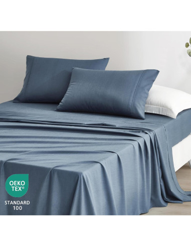 Juego de Sábanas 4 Piezas Chezmoi Queen Rayón Bambú Azul Acero