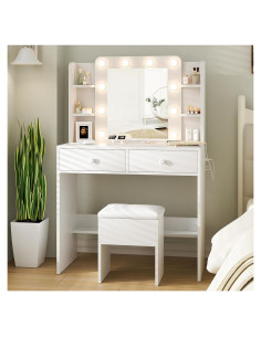 Escritorio de Vanity Blanco Haewon con Espejo y 10 Luces LED