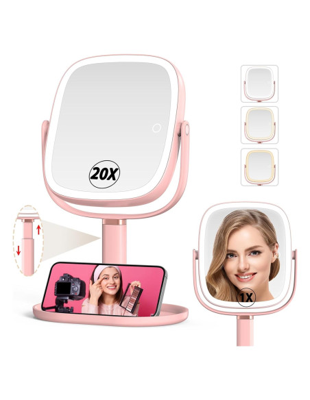 Espejo de Maquillaje Mocado 1X/20X Iluminado Rosa Ajustable