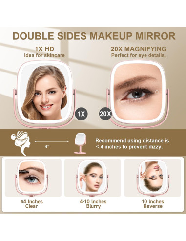 Espejo de Maquillaje Mocado 1X/20X Iluminado Rosa Ajustable