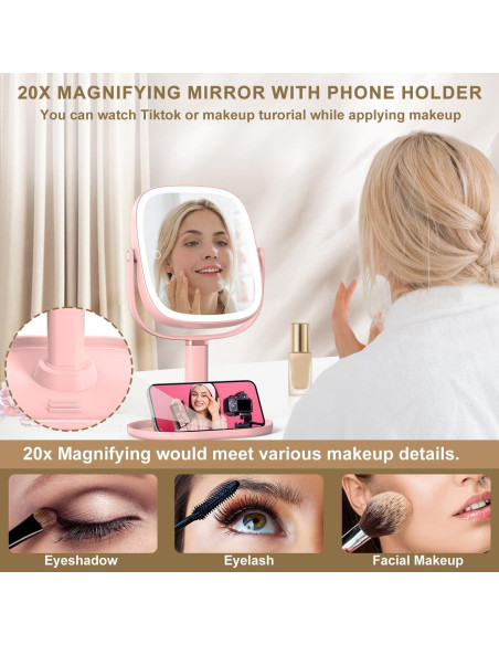 Espejo de Maquillaje Mocado 1X/20X Iluminado Rosa Ajustable