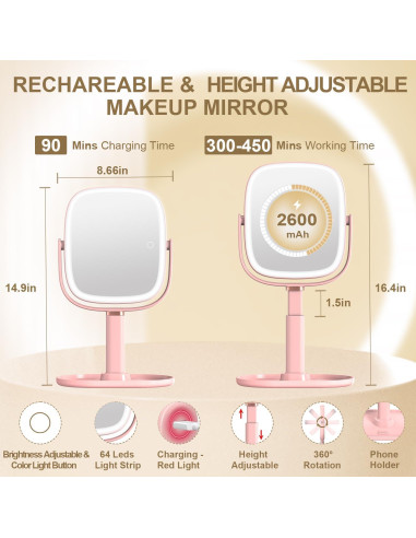 Espejo de Maquillaje Mocado 1X/20X Iluminado Rosa Ajustable