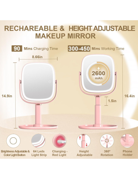 Espejo de Maquillaje Mocado 1X/20X Iluminado Rosa Ajustable